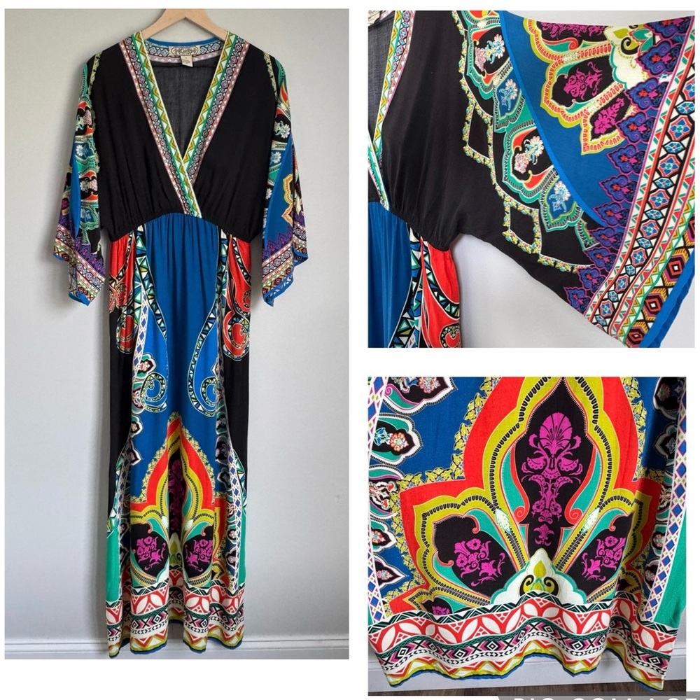 Flying Tomato Boho Maxi Dress Multicolor Paisley Print Kimono Festival Hippie